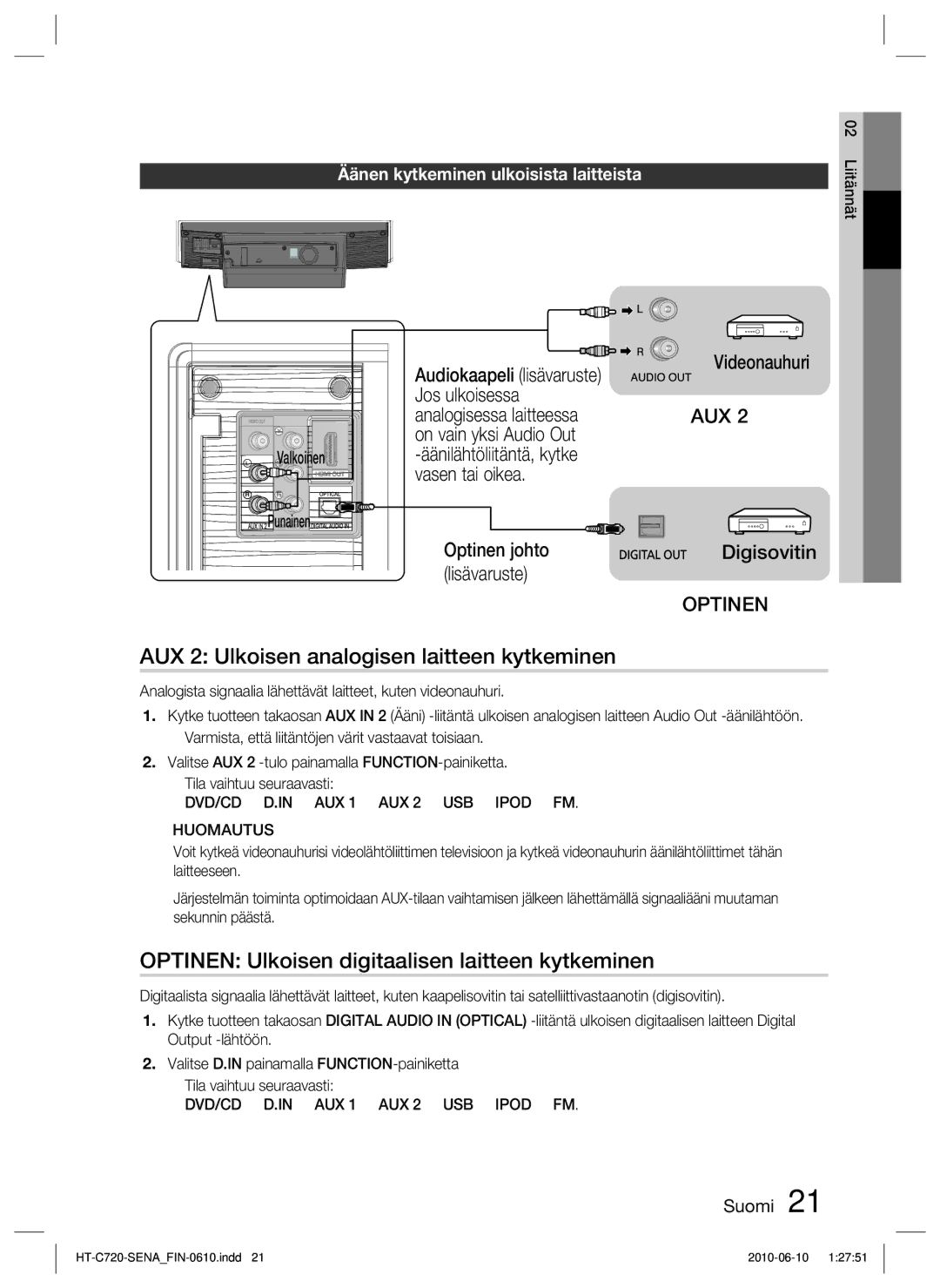 Samsung HT-C720/XEE manual AUX 2 Ulkoisen analogisen laitteen kytkeminen, Optinen Ulkoisen digitaalisen laitteen kytkeminen 