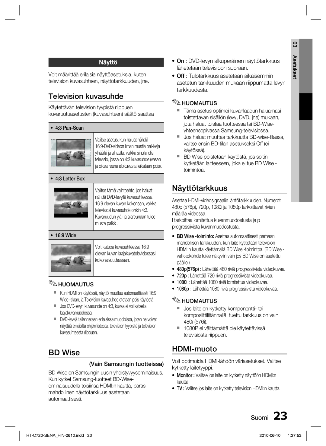 Samsung HT-C720/XEE manual Television kuvasuhde, Näyttötarkkuus, BD Wise, HDMI-muoto 