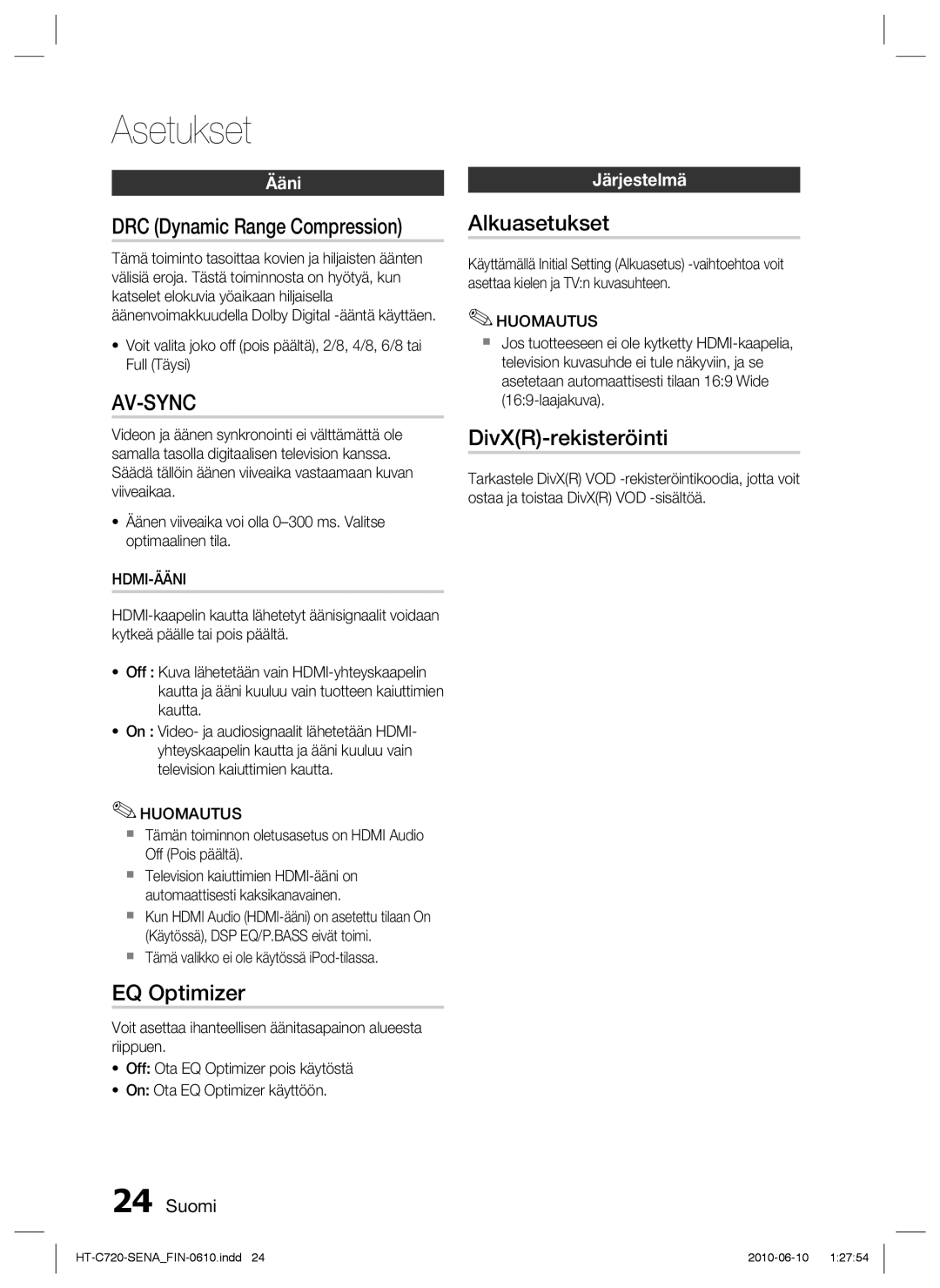 Samsung HT-C720/XEE manual EQ Optimizer, Alkuasetukset, DivXR-rekisteröinti, Hdmi-Ääni 