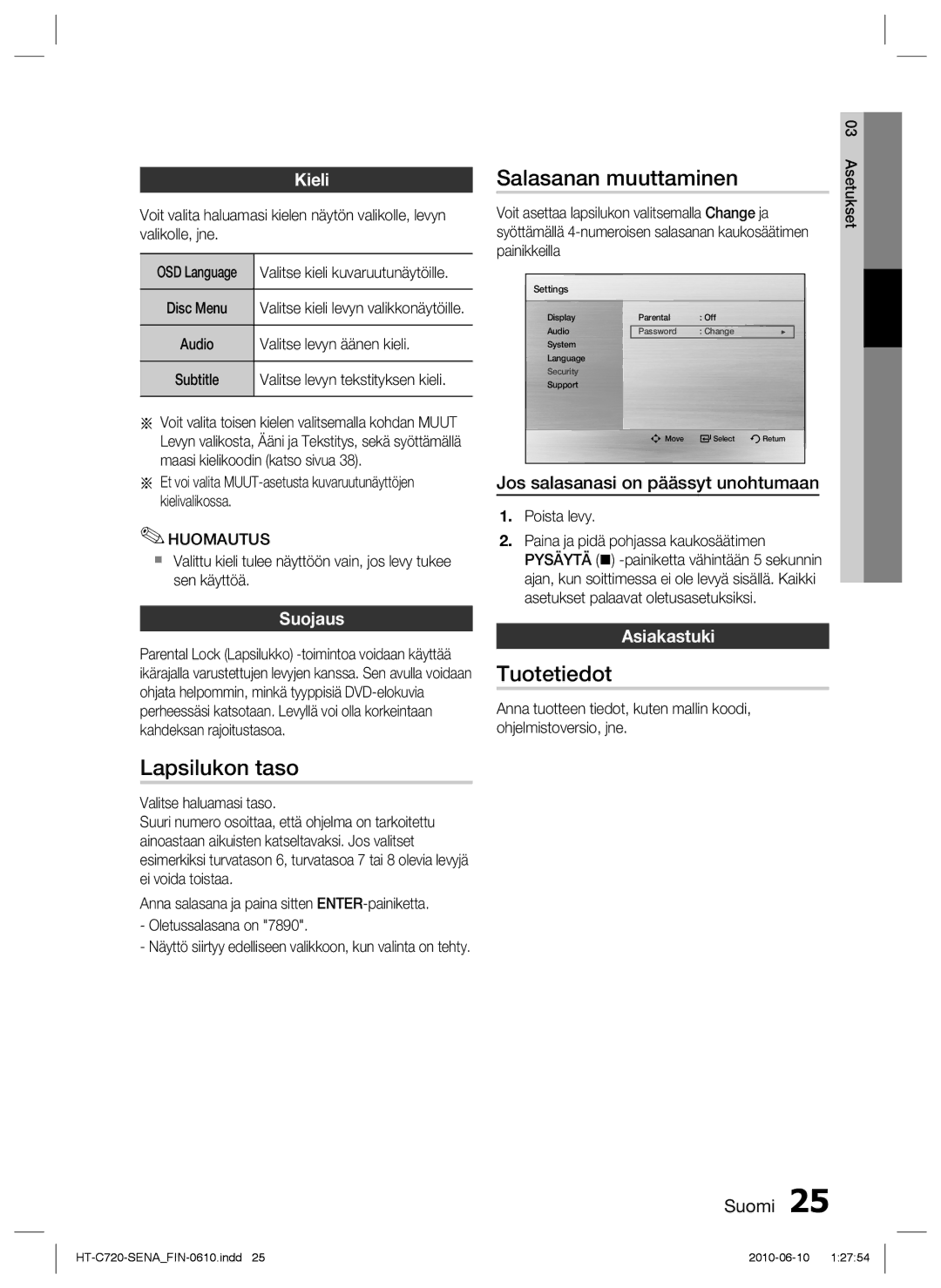 Samsung HT-C720/XEE manual Salasanan muuttaminen, Tuotetiedot, Lapsilukon taso 