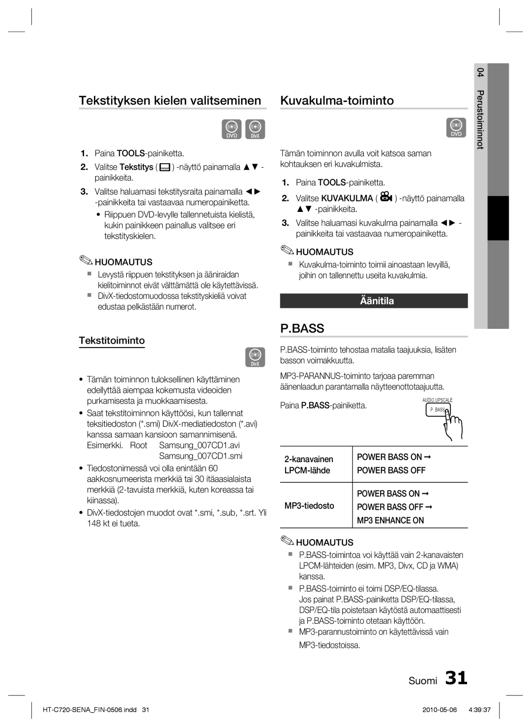 Samsung HT-C720/XEE manual Tekstityksen kielen valitseminen, Kuvakulma-toiminto, Äänitila, Tekstitoiminto 