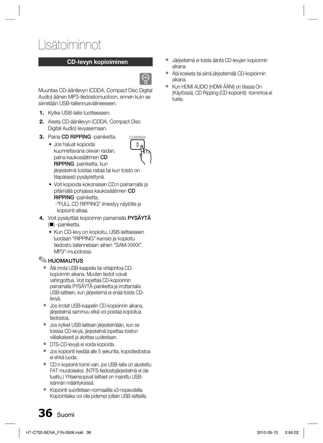 Samsung HT-C720/XEE manual CD-levyn kopioiminen 