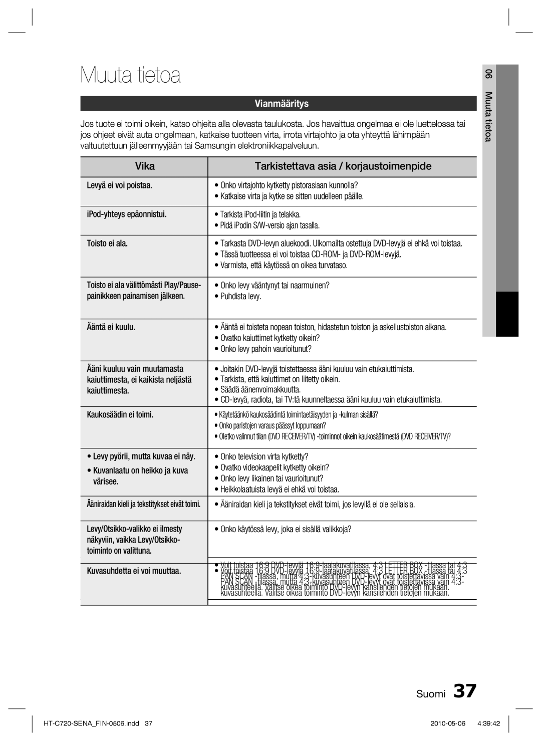 Samsung HT-C720/XEE manual Muuta tietoa, Vika Tarkistettava asia / korjaustoimenpide, Vianmääritys 