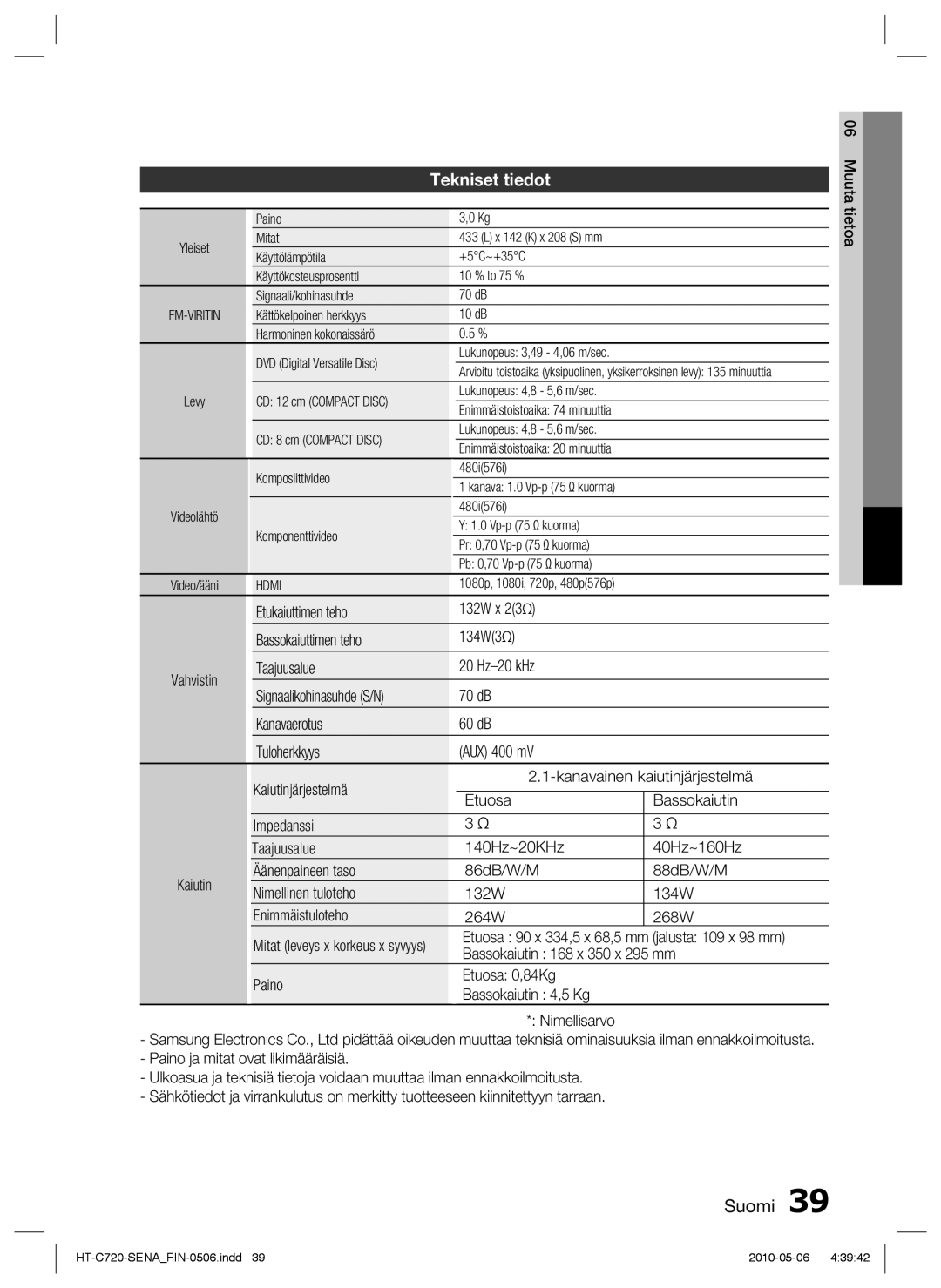 Samsung HT-C720/XEE manual Tekniset tiedot, Etukaiuttimen teho 132W x Bassokaiuttimen teho 134W3, Taajuusalue 20 Hz-20 kHz 