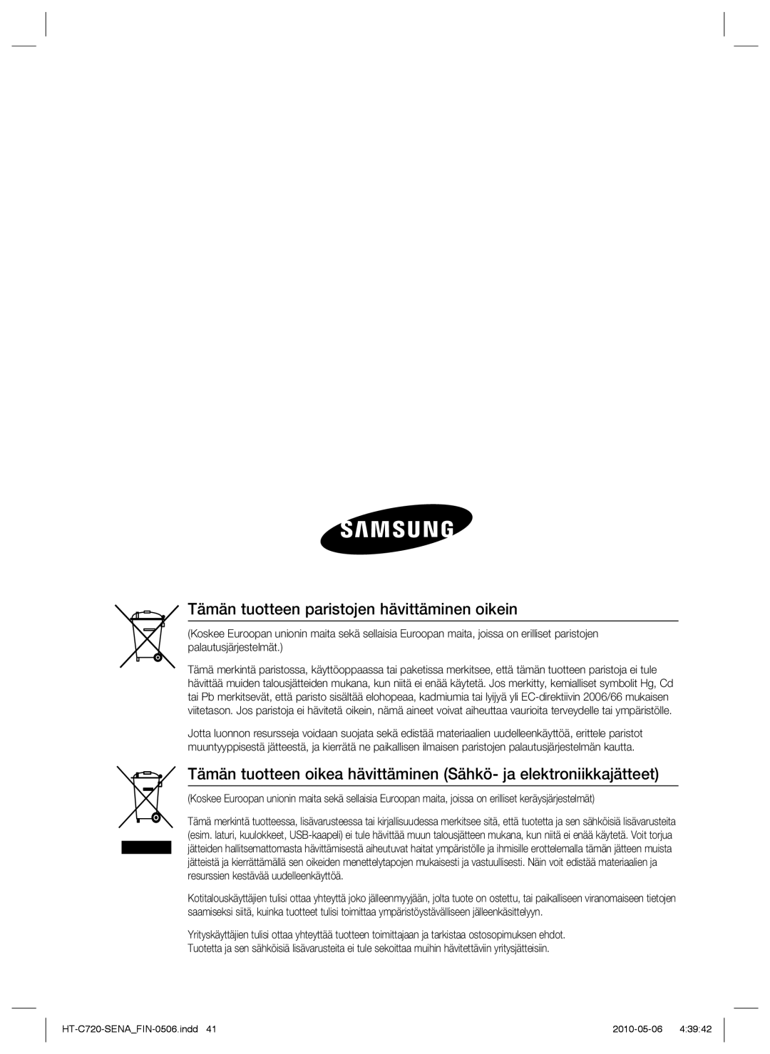 Samsung HT-C720/XEE manual Tämän tuotteen paristojen hävittäminen oikein 