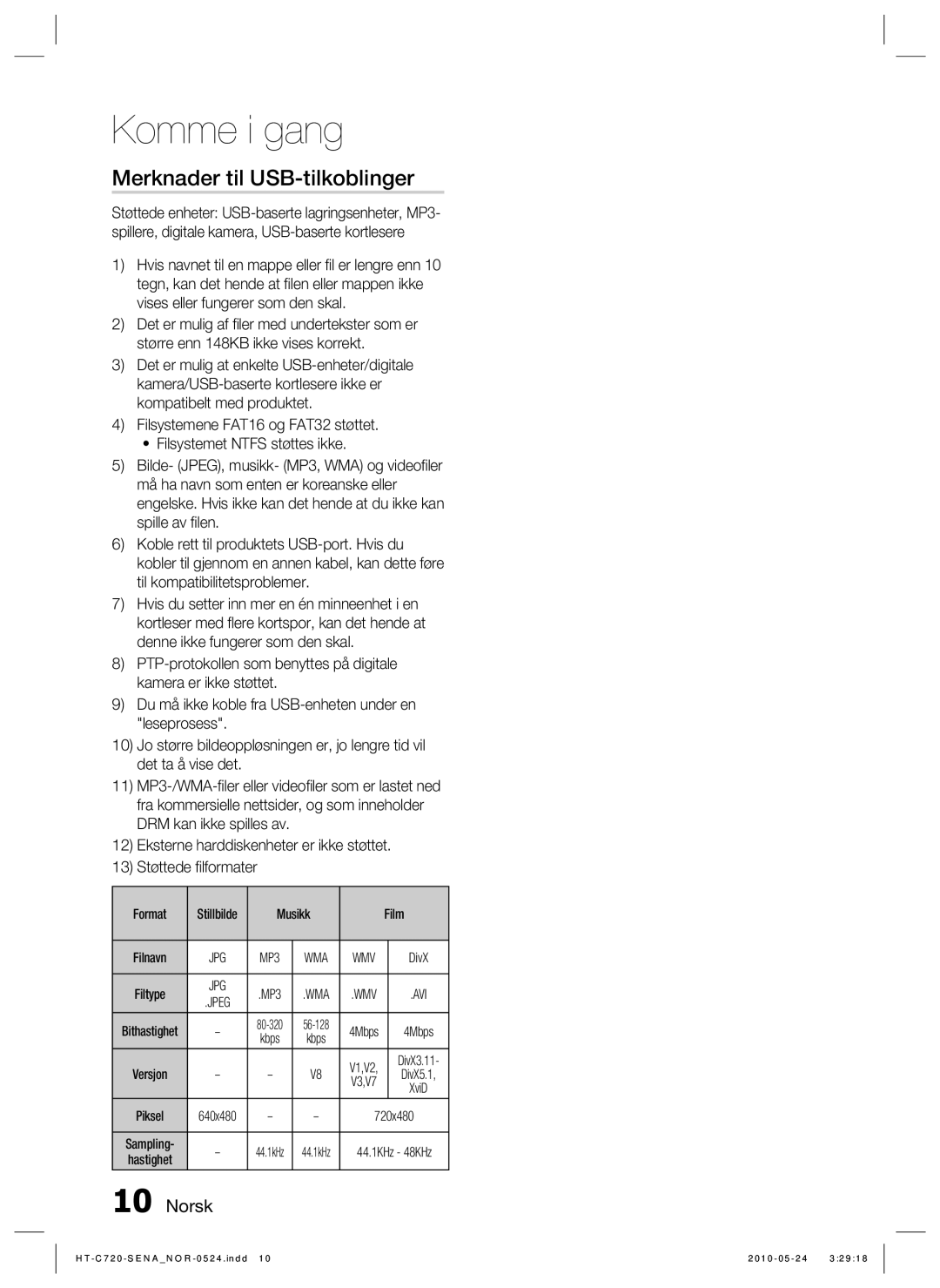 Samsung HT-C720/XEE manual Merknader til USB-tilkoblinger, Avi 