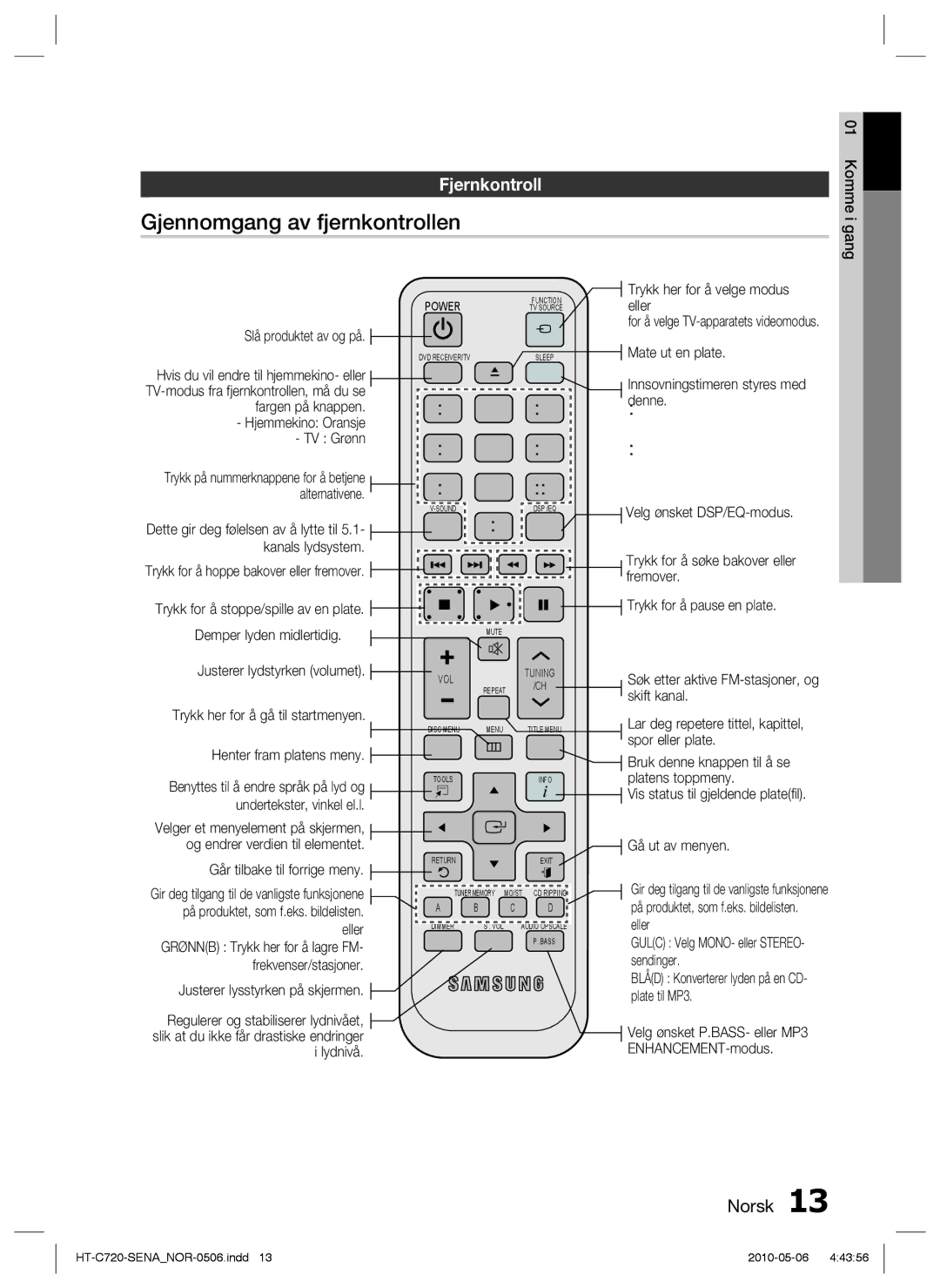 Samsung HT-C720/XEE manual Gjennomgang av fjernkontrollen, Fjernkontroll 