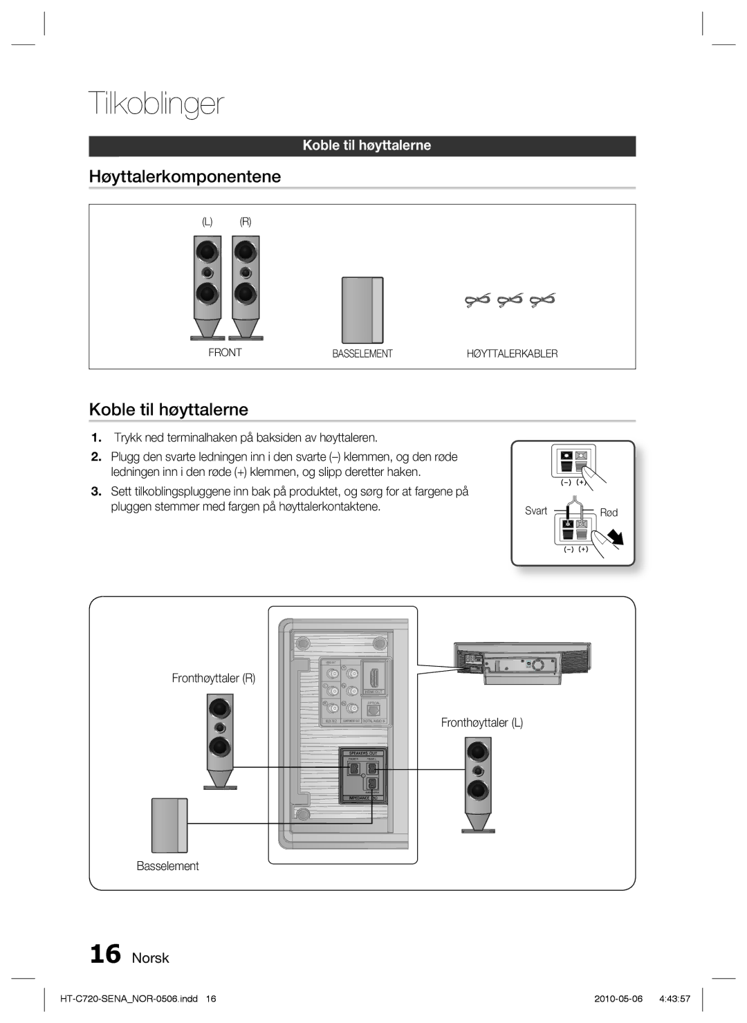 Samsung HT-C720/XEE manual Høyttalerkomponentene, Koble til høyttalerne, Trykk ned terminalhaken på baksiden av høyttaleren 