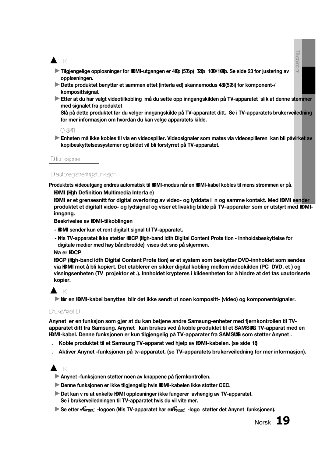 Samsung HT-C720/XEE manual HDMI-funksjonen Hdmi autoregistreringsfunksjon, Bruke Anynet+ HDMI-CEC 