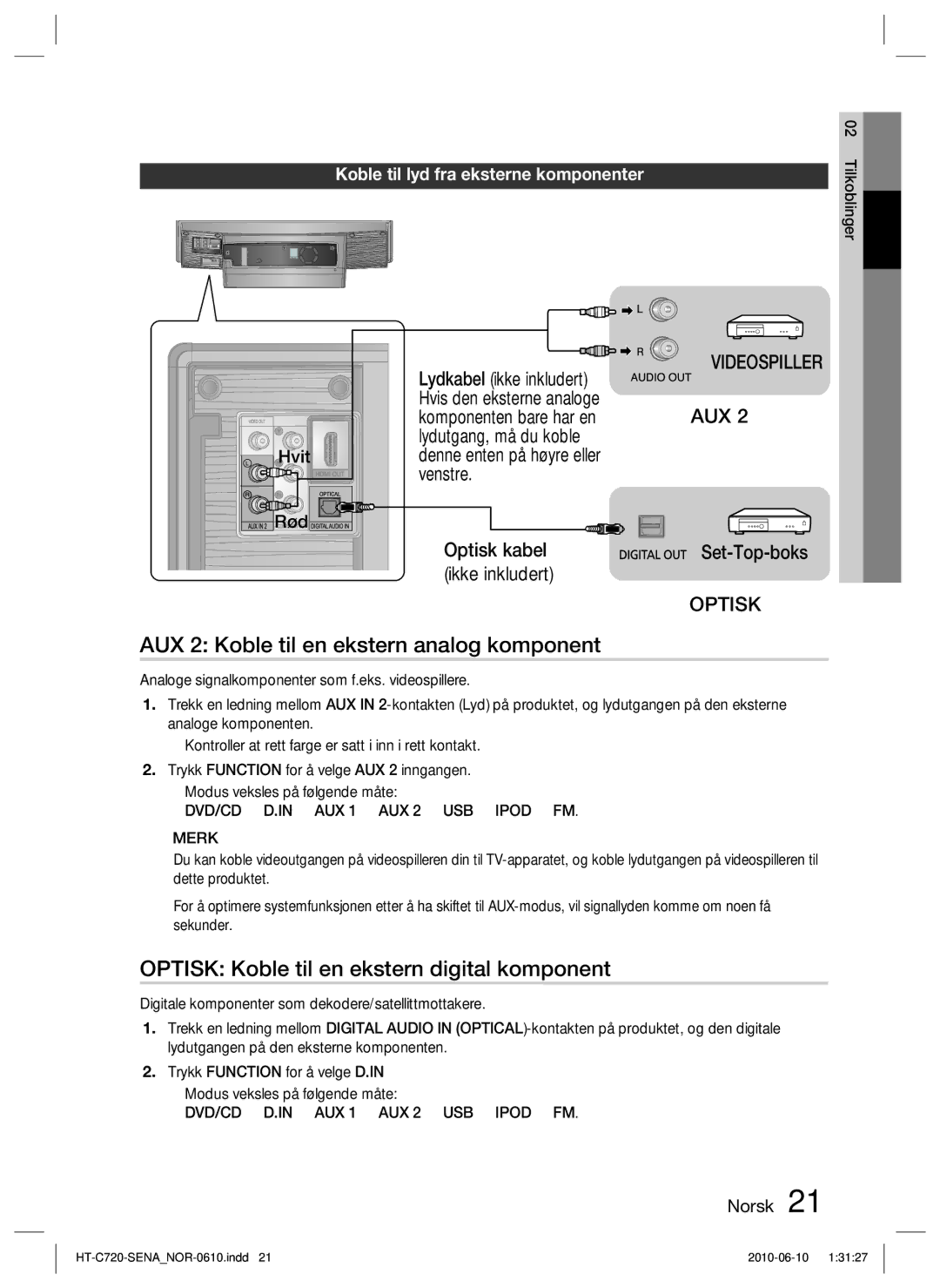 Samsung HT-C720/XEE AUX 2 Koble til en ekstern analog komponent, Optisk Koble til en ekstern digital komponent, Hvit Rød 