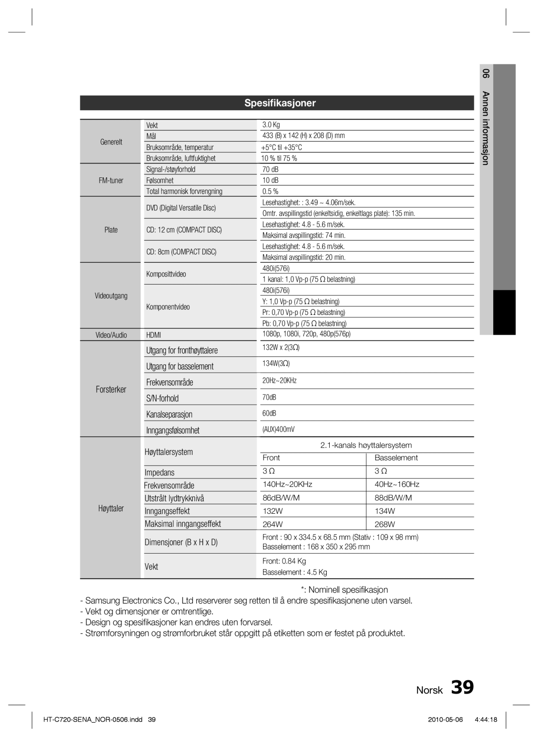 Samsung HT-C720/XEE manual Forhold, Kanalseparasjon, Inngangsfølsomhet, Høyttalersystem, Impedans Frekvensområde, Vekt 