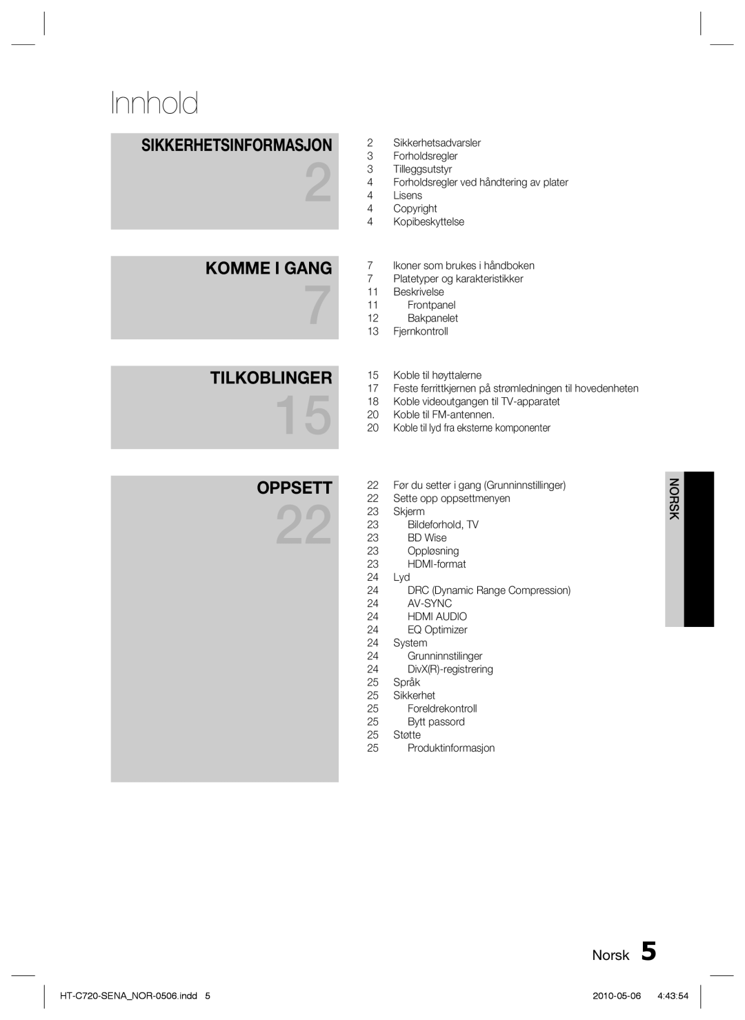 Samsung HT-C720/XEE manual Innhold, Sikkerhetsinformasjon 