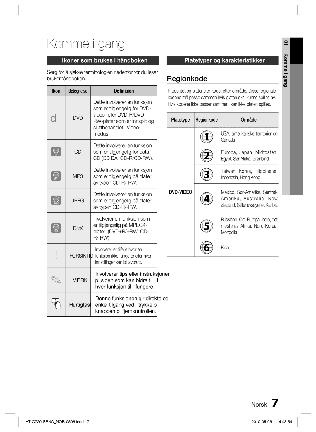 Samsung HT-C720/XEE manual Komme i gang, Regionkode, Ikoner som brukes i håndboken, Platetyper og karakteristikker 