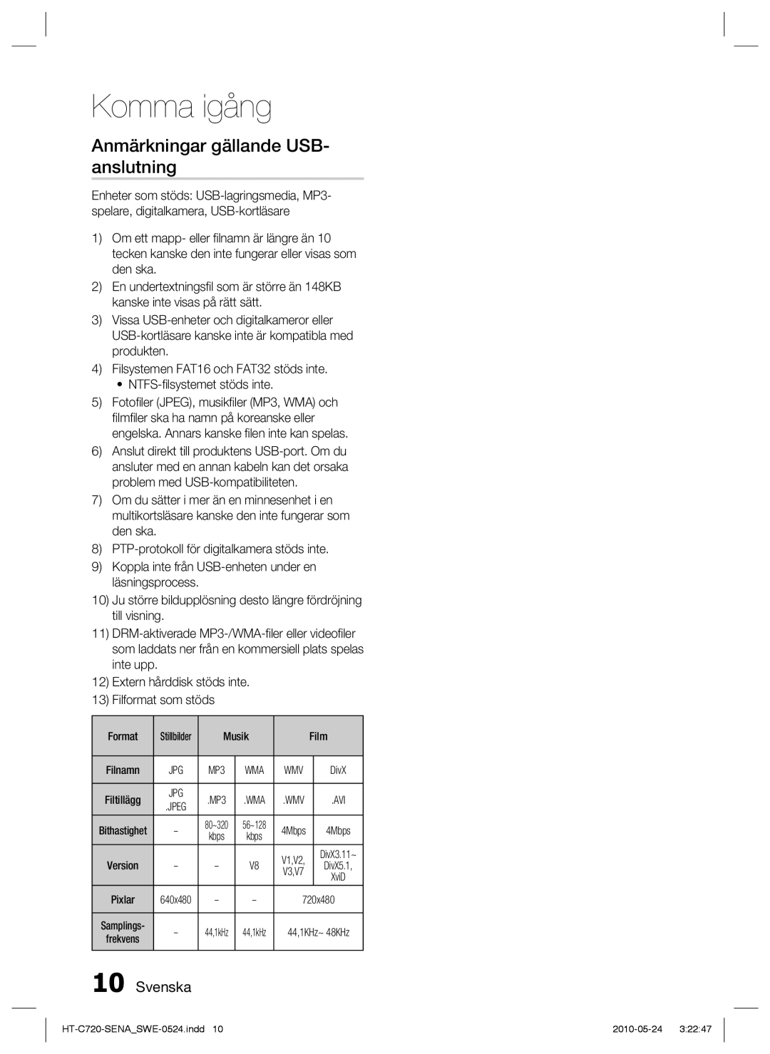 Samsung HT-C720/XEE manual Anmärkningar gällande USB- anslutning, Avi 