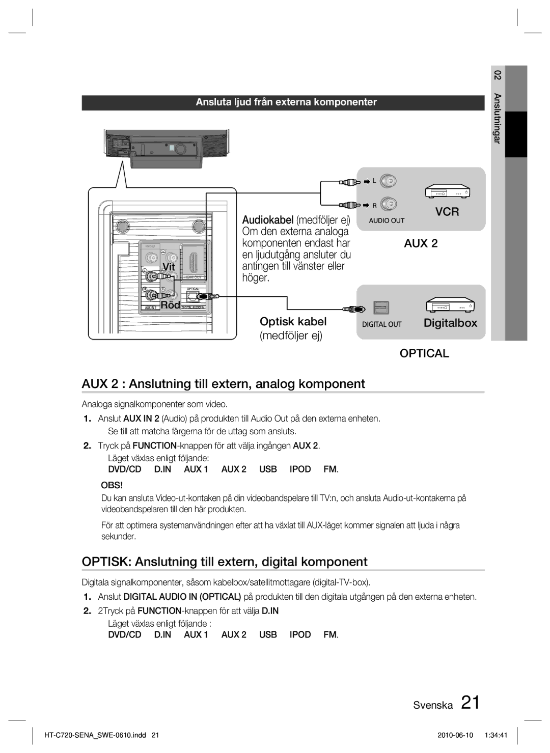 Samsung HT-C720/XEE manual AUX 2 Anslutning till extern, analog komponent, Optisk Anslutning till extern, digital komponent 