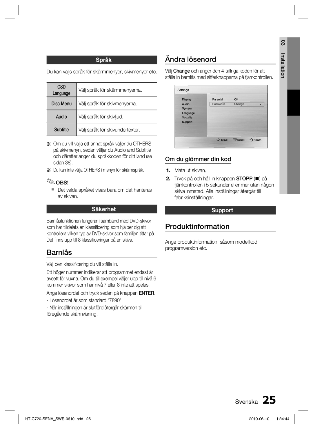 Samsung HT-C720/XEE manual Ändra lösenord, Barnlås, Produktinformation 