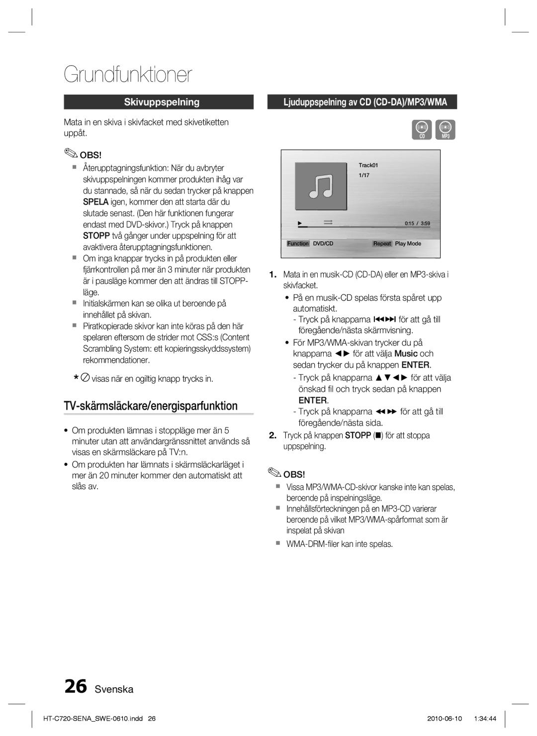 Samsung HT-C720/XEE manual Grundfunktioner, Skivuppspelning, Ljuduppspelning av CD CD-DA/MP3/WMA 