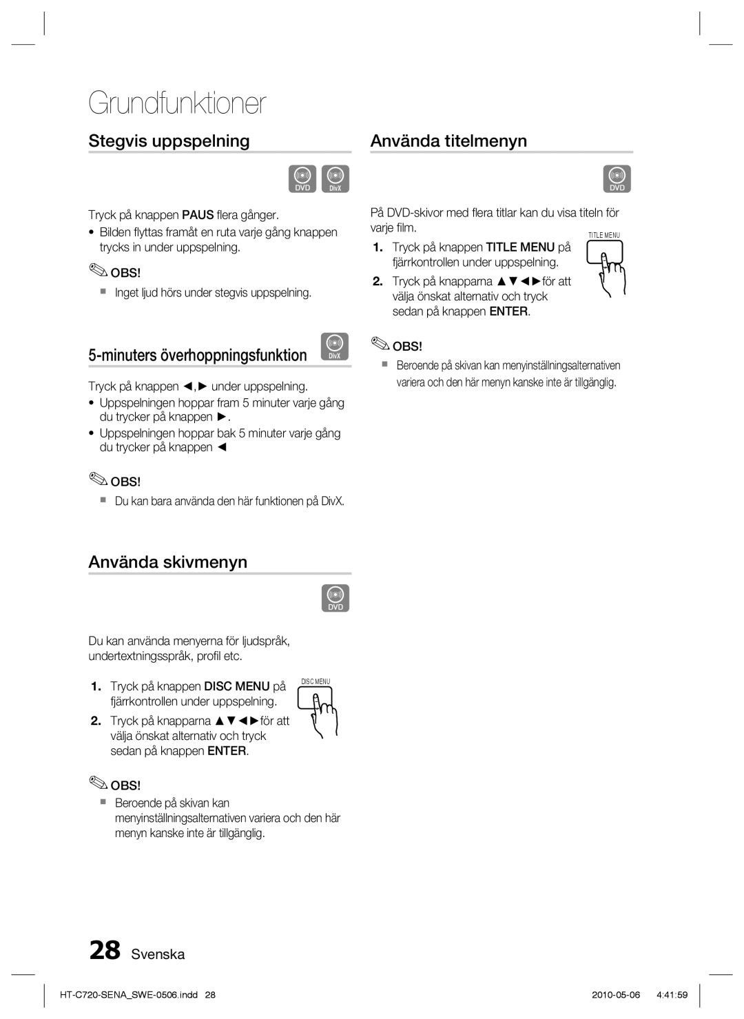 Samsung HT-C720/XEE manual Stegvis uppspelning, Använda titelmenyn, Använda skivmenyn, Tryck på knappen Disc Menu på 