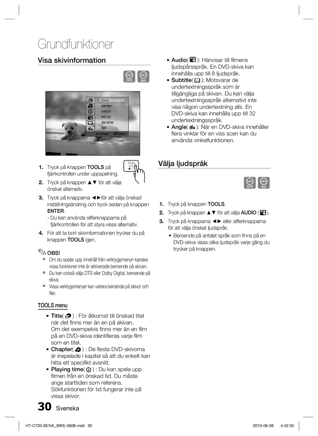 Samsung HT-C720/XEE Visa skivinformation, Välja ljudspråk, Tools menu, Tryck på knappen för att välja önskat alternativ 