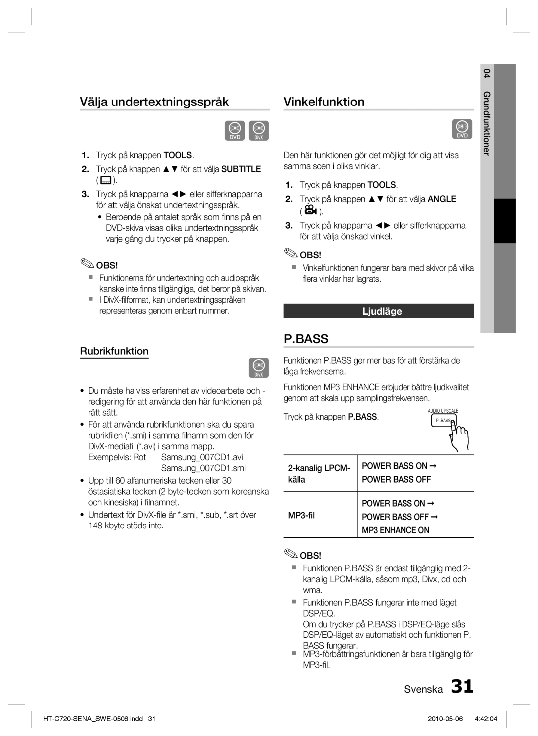 Samsung HT-C720/XEE manual Välja undertextningsspråk, Vinkelfunktion, Ljudläge, Rubrikfunktion 