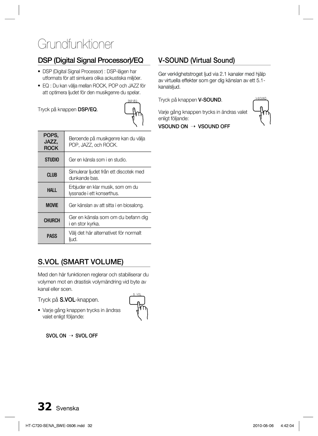 Samsung HT-C720/XEE manual DSP Digital Signal Processor/EQ, Sound Virtual Sound, Tryck på S.VOL-knappen 