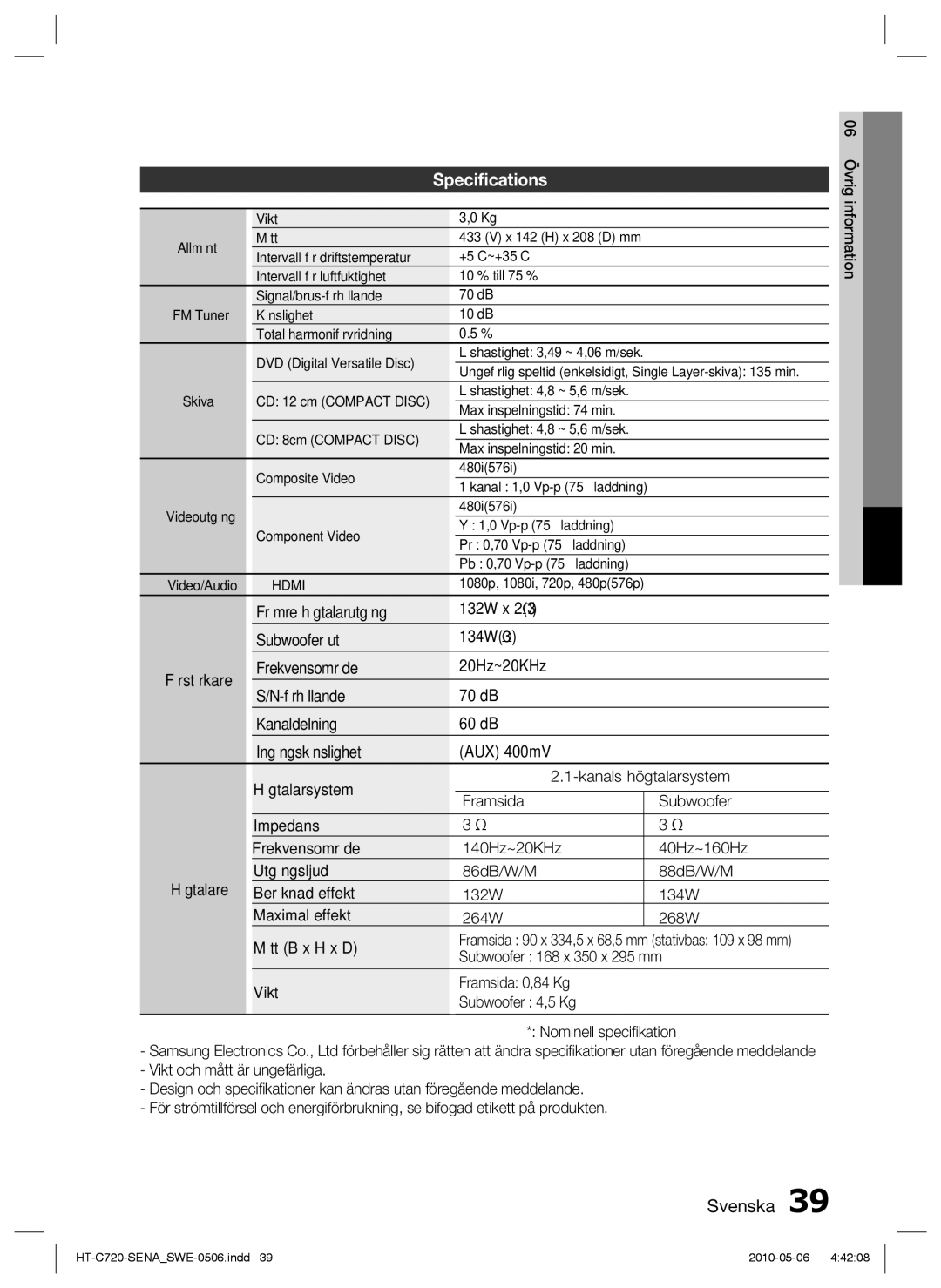 Samsung HT-C720/XEE manual Speciﬁcations, Främre högtalarutgång 132W x Subwoofer ut 134W3, Subwoofer 168 x 350 x 295 mm 