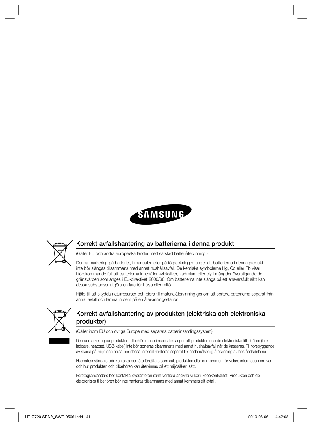 Samsung HT-C720/XEE manual Korrekt avfallshantering av batterierna i denna produkt 