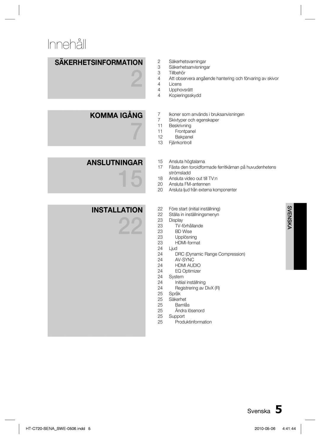 Samsung HT-C720/XEE manual Innehåll, Säkerhetsinformation 