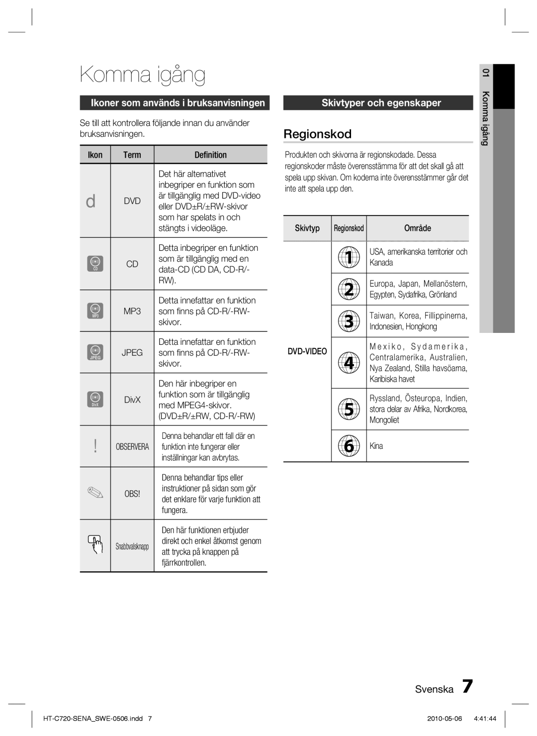 Samsung HT-C720/XEE manual Komma igång, Regionskod, Ikoner som används i bruksanvisningen, Skivtyper och egenskaper 