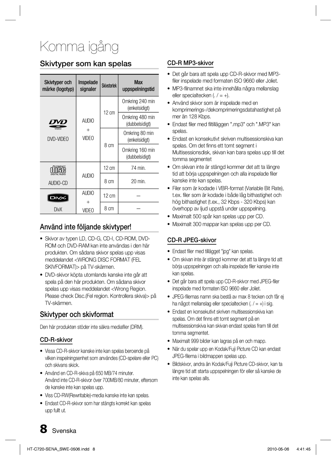 Samsung HT-C720/XEE manual Skivtyper som kan spelas, Använd inte följande skivtyper, Skivtyper och skivformat 