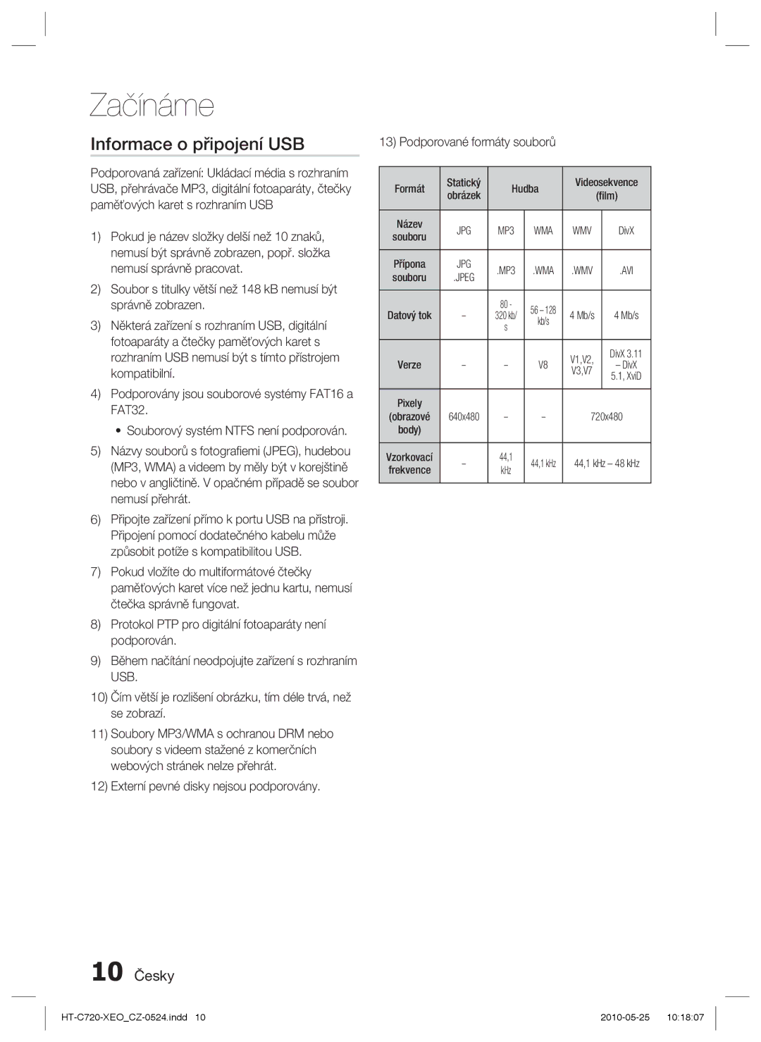 Samsung HT-C720/XEF, HT-C720/EDC manual Informace o připojení USB, 10 Česky 