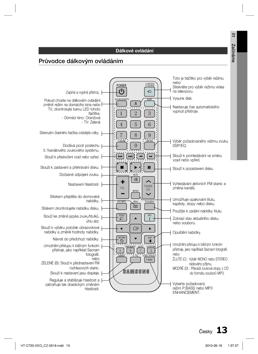 Samsung HT-C720/EDC, HT-C720/XEF manual Průvodce dálkovým ovládáním, Dálkové ovládání 