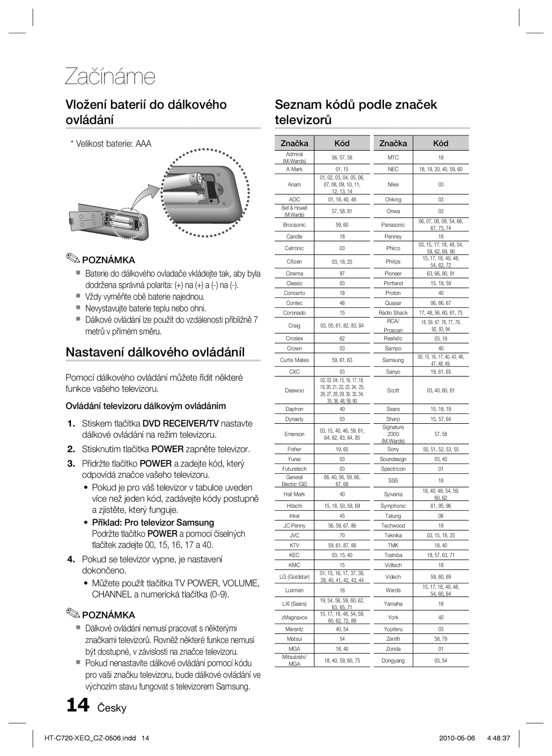 Samsung HT-C720/XEF, HT-C720/EDC manual Nastavení dálkového ovládáníl, 14 Česky, Velikost baterie AAA 