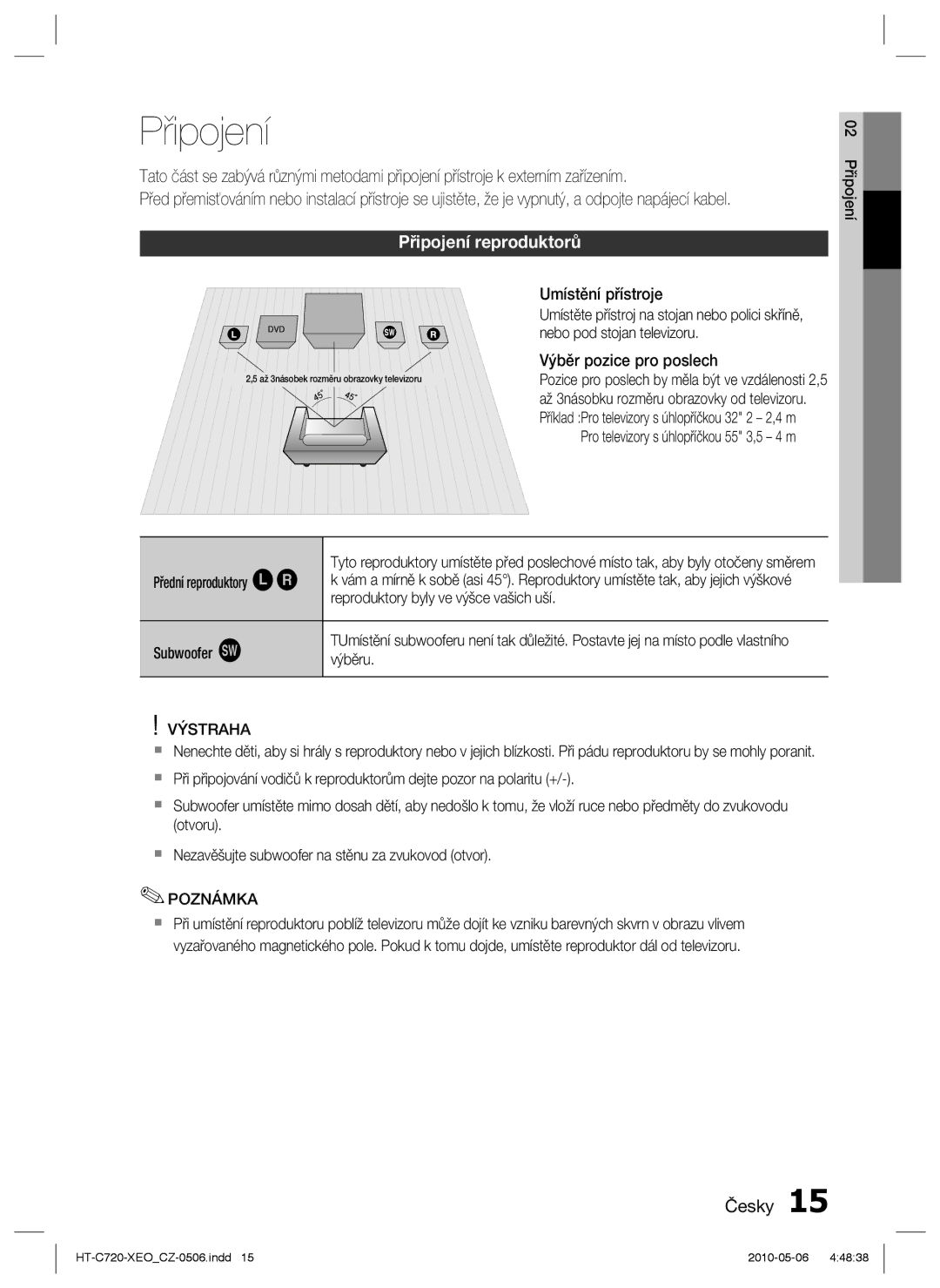 Samsung HT-C720/EDC, HT-C720/XEF manual Připojení reproduktorů, Výstraha 