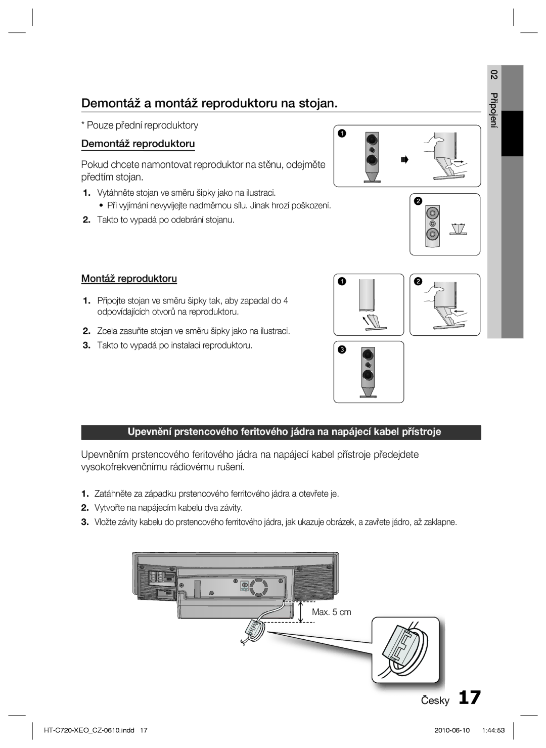 Samsung HT-C720/EDC, HT-C720/XEF manual Demontáž a montáž reproduktoru na stojan, Montáž reproduktoru, Max cm 