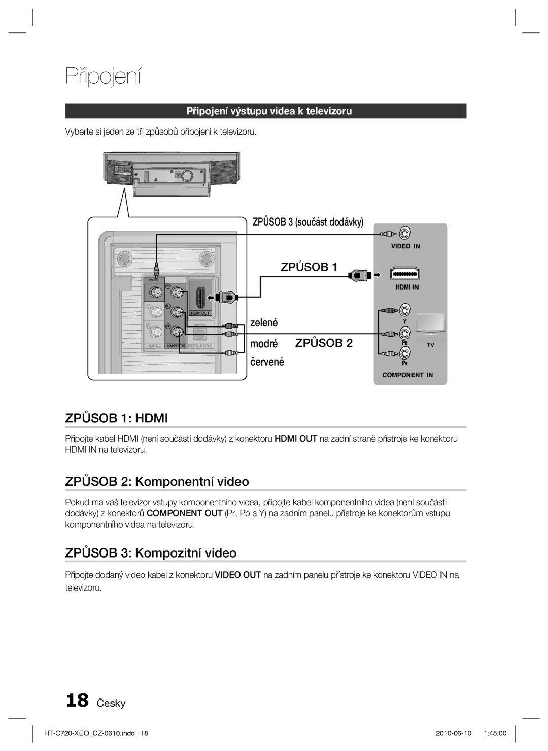 Samsung HT-C720/XEF, HT-C720/EDC manual Způsob 2 Komponentní video, Způsob 3 Kompozitní video, Způsob 3 součást dodávky 