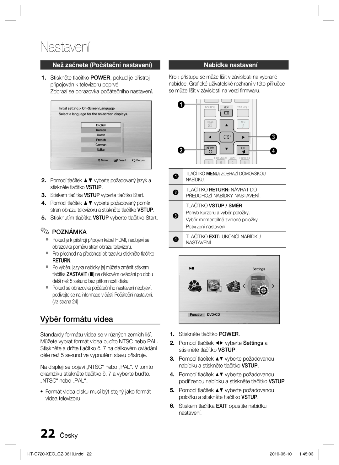 Samsung HT-C720/XEF, HT-C720/EDC manual Nastavení, Výběr formátu videa, Než začnete Počáteční nastavení, 22 Česky, Return 