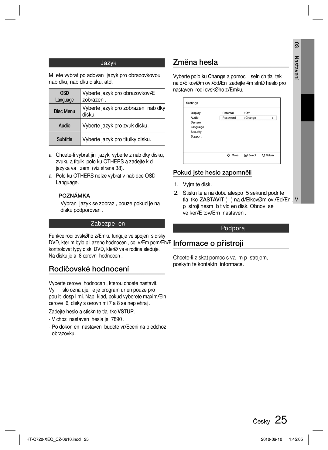 Samsung HT-C720/EDC, HT-C720/XEF manual Změna hesla, Rodičovské hodnocení, Informace o přístroji 