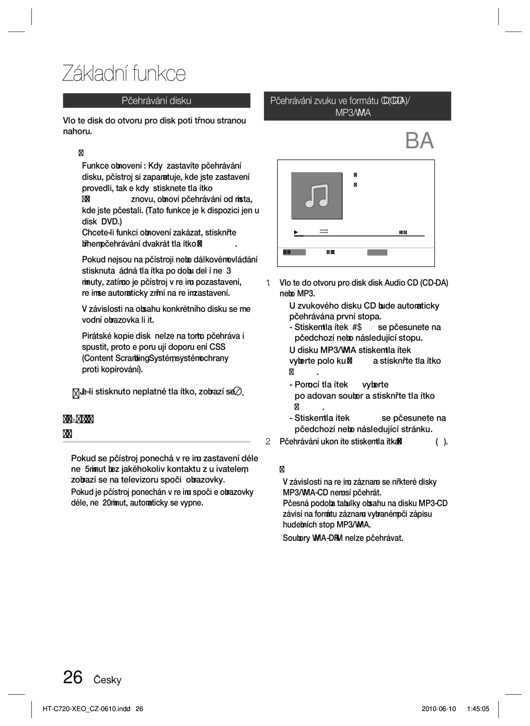 Samsung HT-C720/XEF manual Základní funkce, Funkce spořiče obrazovky TV/ úspory energie, Přehrávání disku, 26 Česky, Vstup 