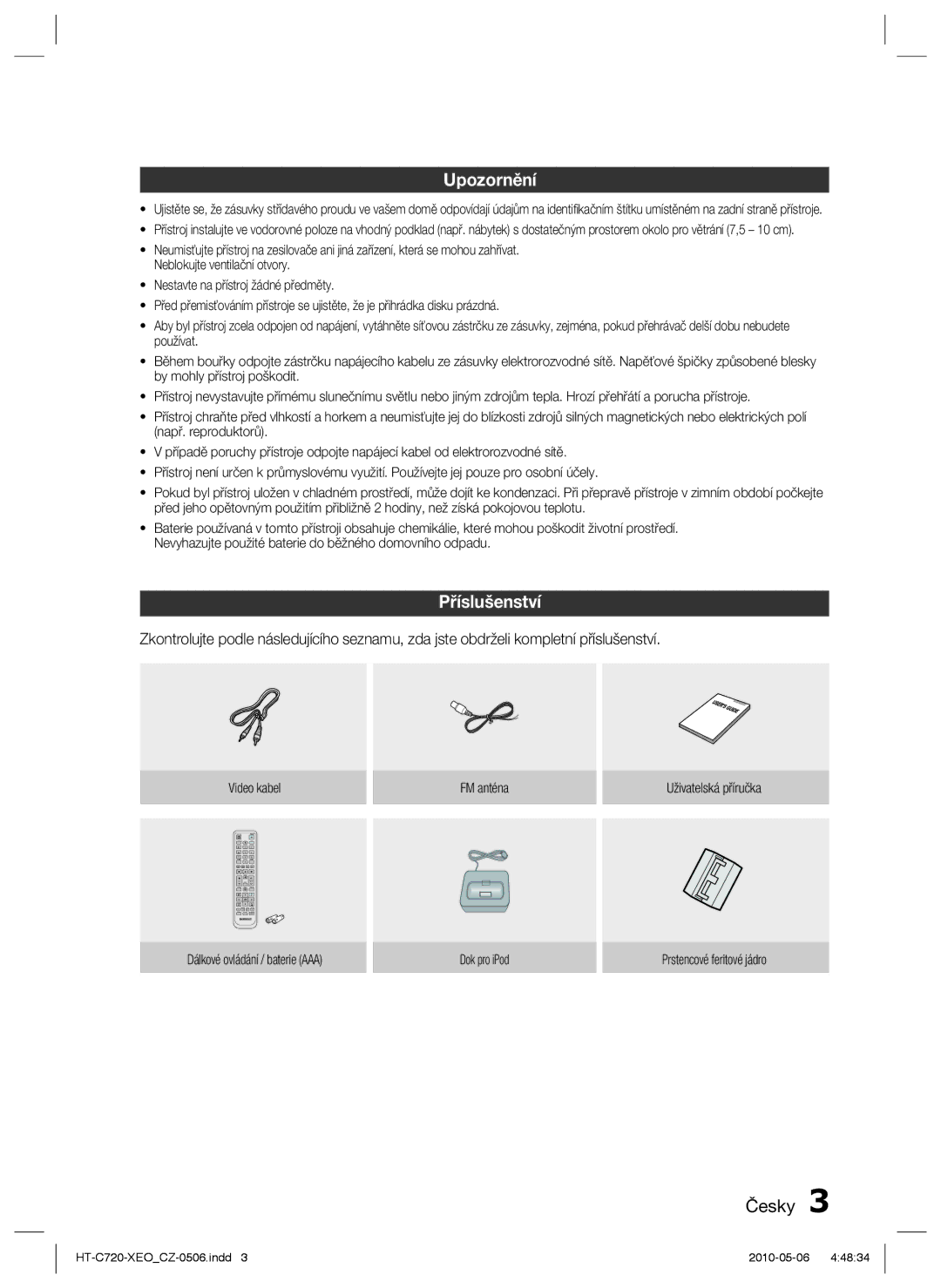 Samsung HT-C720/EDC, HT-C720/XEF manual Upozornění, Příslušenství 