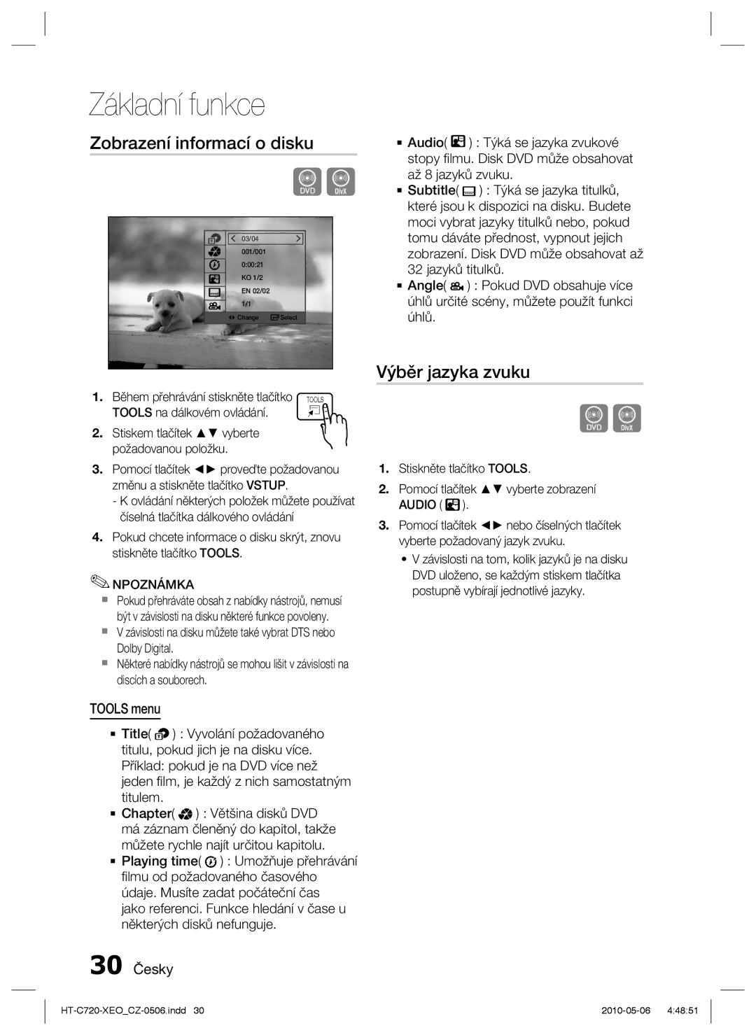 Samsung HT-C720/XEF, HT-C720/EDC manual Zobrazení informací o disku, Výběr jazyka zvuku, Tools menu, 30 Česky, Npoznámka 