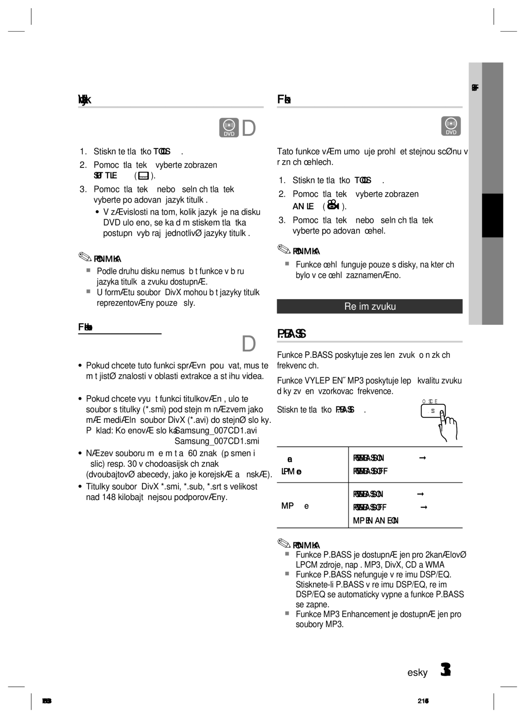 Samsung HT-C720/EDC, HT-C720/XEF manual Výběr jazyka titulků, Funkce úhlů, Funkce titulkování, Režim zvuku 