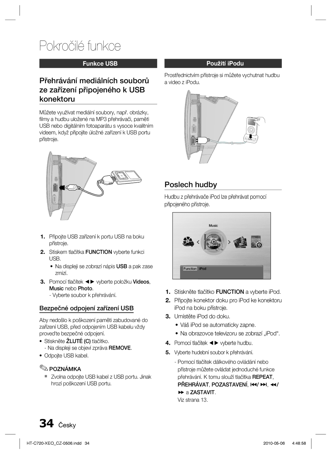 Samsung HT-C720/XEF, HT-C720/EDC manual Pokročilé funkce, Poslech hudby, Funkce USB, Použití iPodu 