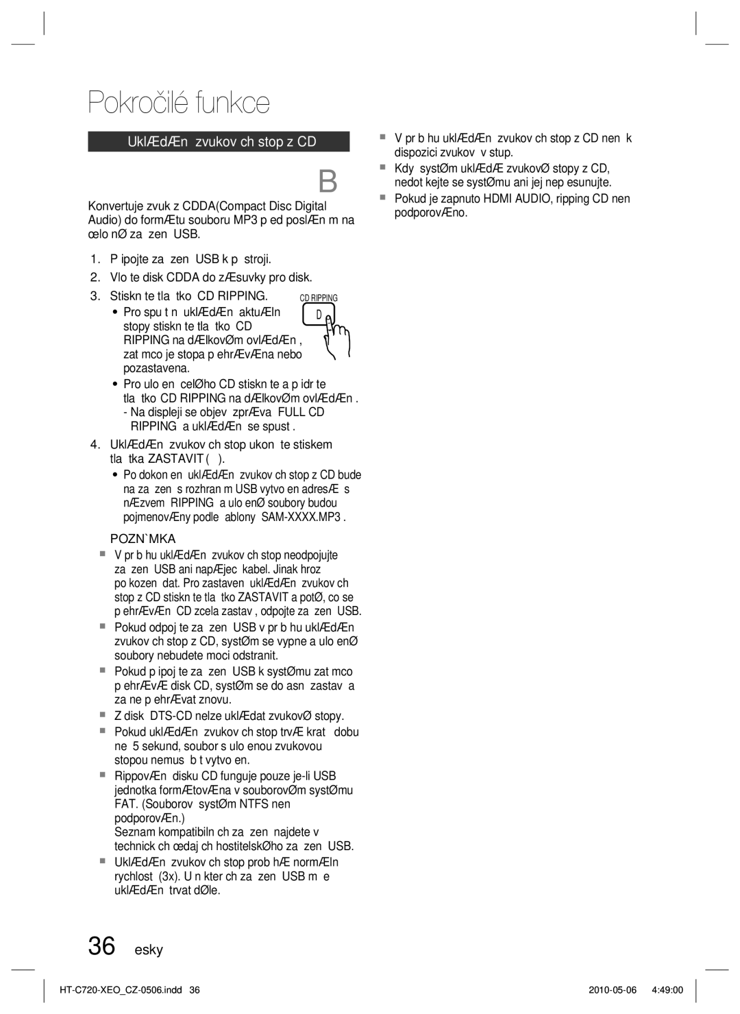 Samsung HT-C720/XEF, HT-C720/EDC manual Ukládání zvukových stop z CD, 36 Česky,  Z disků DTS-CD nelze ukládat zvukové stopy 