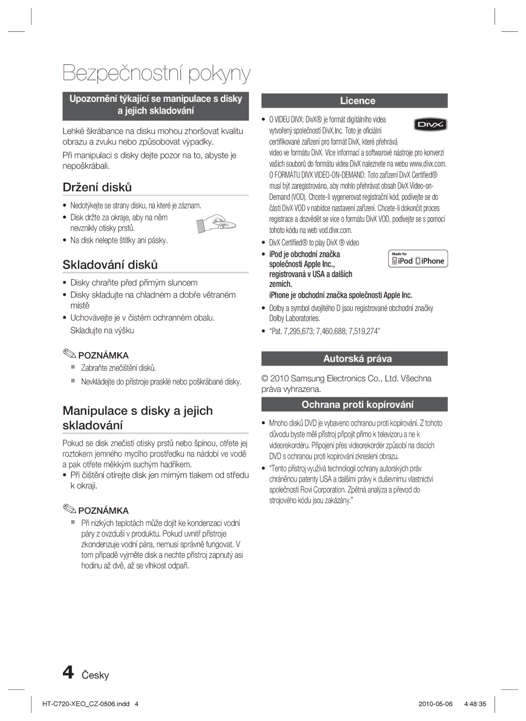 Samsung HT-C720/XEF, HT-C720/EDC manual Držení disků, Skladování disků, Manipulace s disky a jejich skladování 