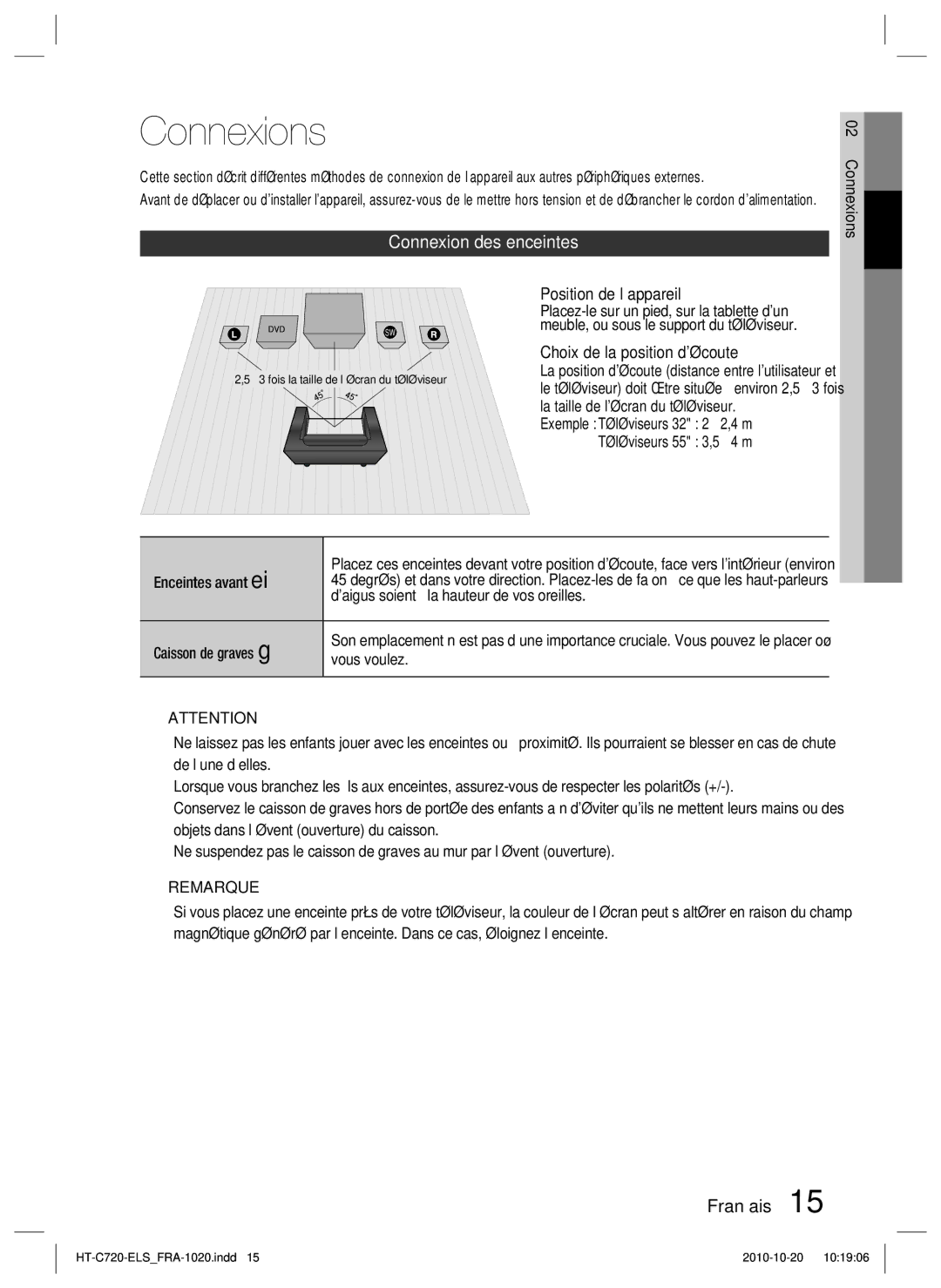 Samsung HT-C720/XEF manual Connexions, Connexion des enceintes, Position de l’appareil, Choix de la position découte 