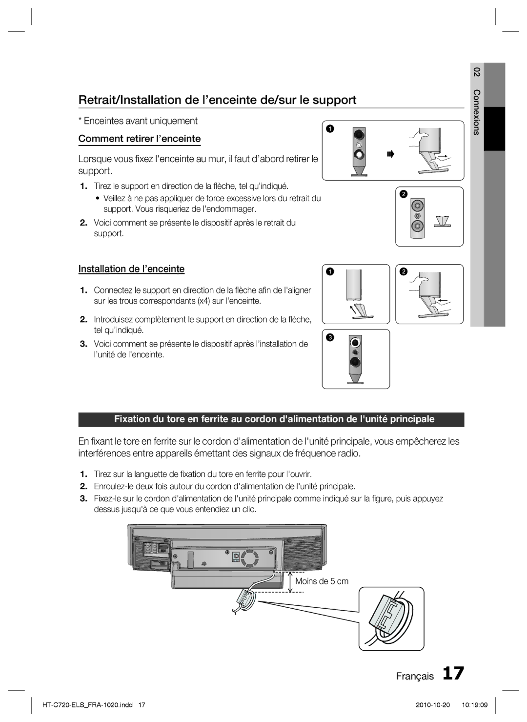 Samsung HT-C720/XEF manual Retrait/Installation de l’enceinte de/sur le support, Moins de 5 cm 