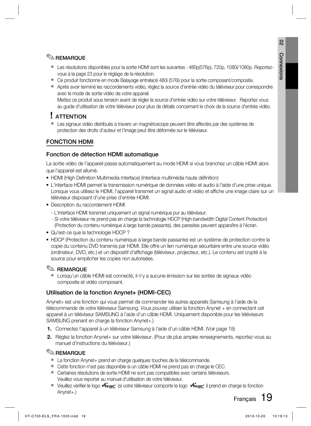 Samsung HT-C720/XEF manual Fonction de détection Hdmi automatique, Utilisation de la fonction Anynet+ HDMI-CEC 