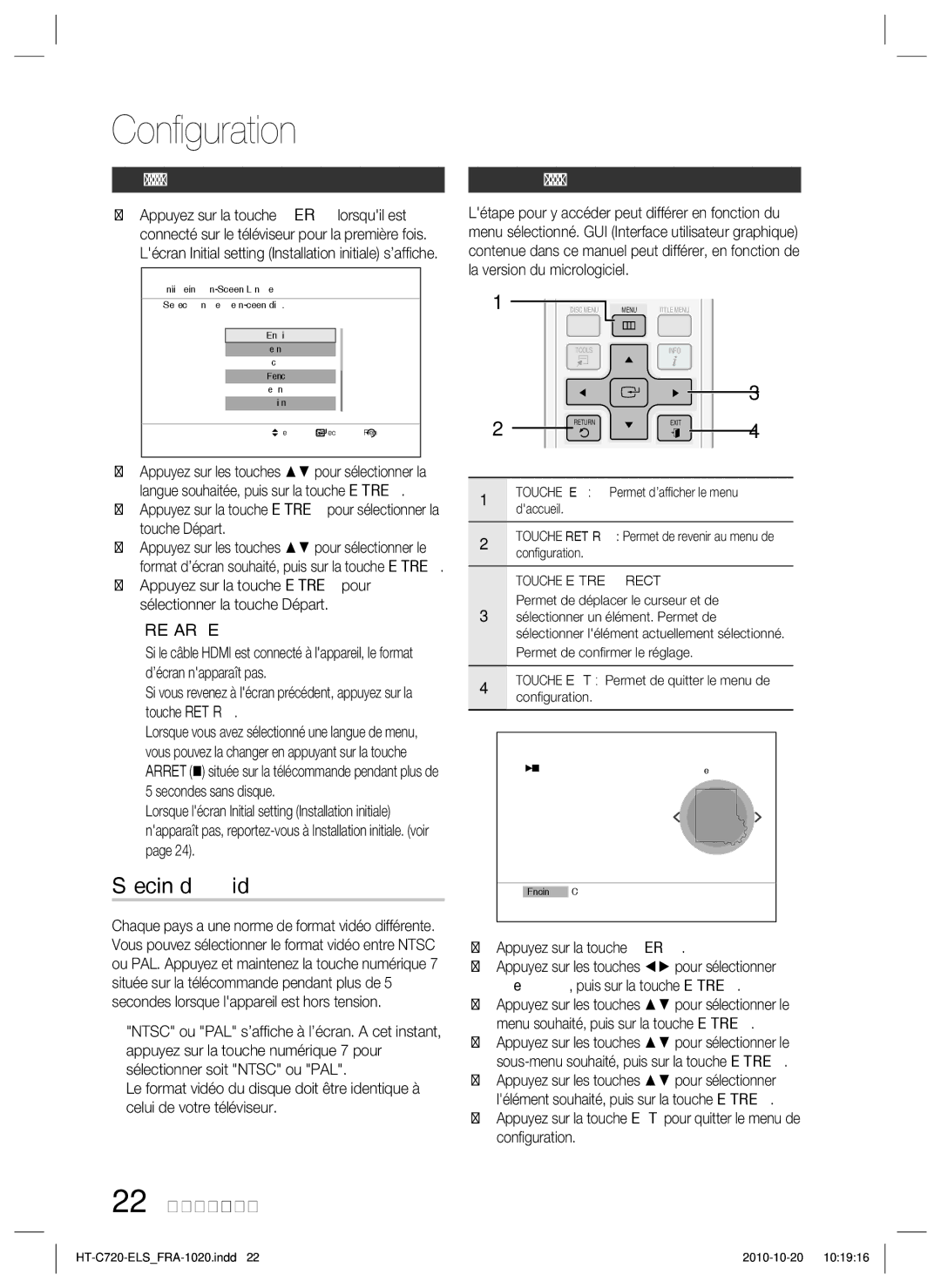 Samsung HT-C720/XEF manual Conﬁguration, Sélection du format Vidéo, Réglage du menu Setup, Appuyez sur la touche Power 