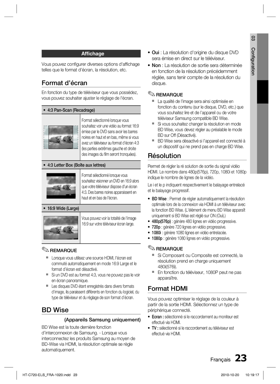 Samsung HT-C720/XEF manual Format d’écran, BD Wise, Résolution, Format Hdmi, Afﬁchage 